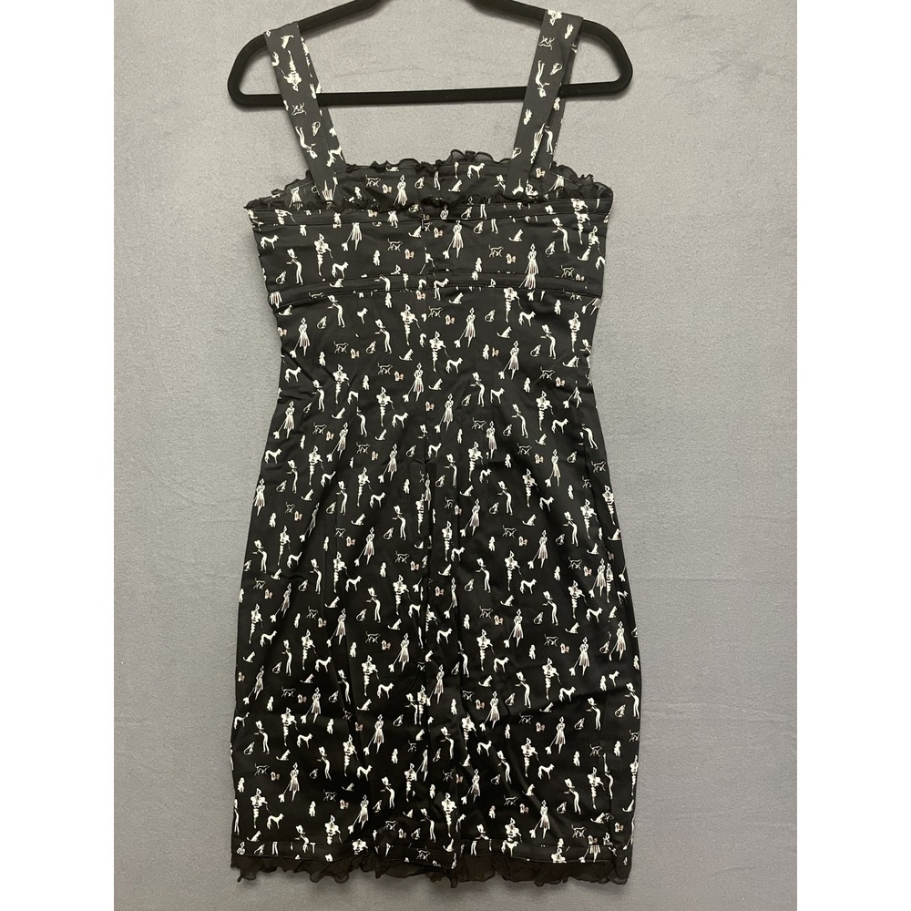 Black Novelty Dog Walker Print Ruffle Trim Sheath Dress Sleeveless Square‎ Neck - Picture 3 of 12